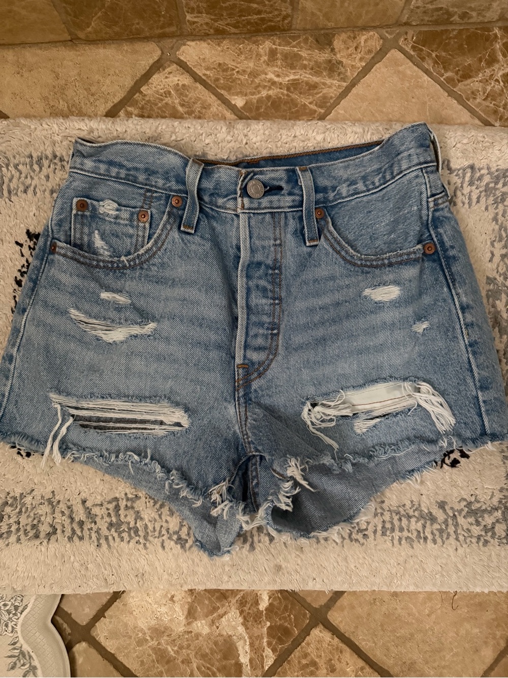 Levi's Light Blue Distressed High-Rise Denim Shorts